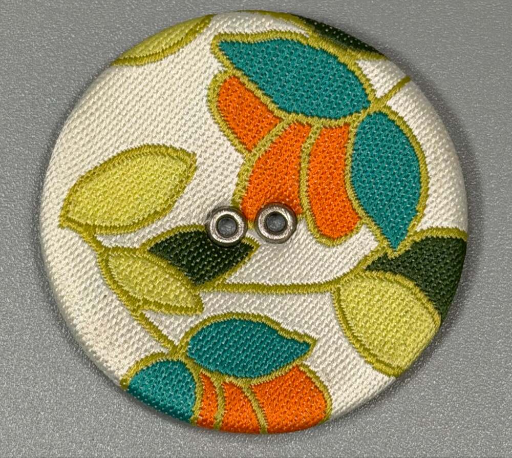 Large Retro Floral Fabric Covered Button 35mm Teal Orange Green 2 Hole Sewing